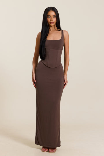The Sandra Scoop Corset Maxi Dress in Brown