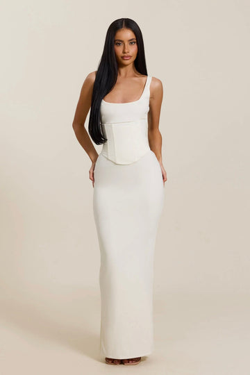 The Sandra Scoop Corset Maxi Dress in Cream