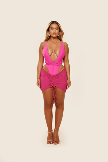 Mesh Ruched Coverup Skirt in Fuchsia