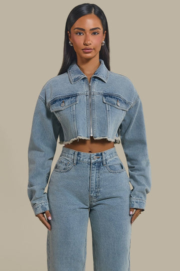 The Kali Cropped Denim Jacket in Light Wash Blue