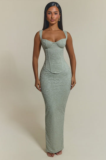 The Cinched Lace Corset Maxi Skirt Set in Sage Green