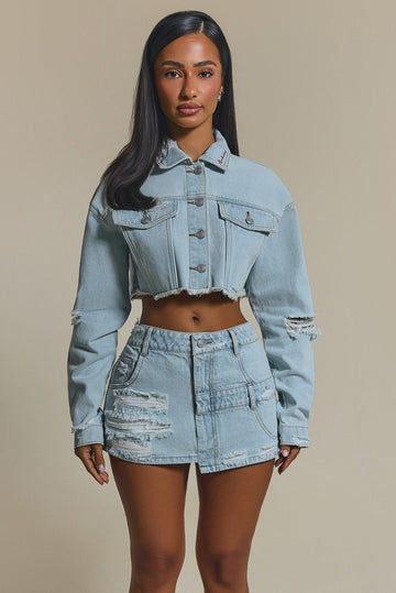 The Esha Cropped Denim Jacket in Light Wash Blue