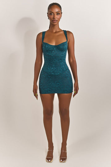 The Cinched Lace Mini Skirt in Teal