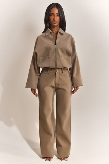 The Isla Faux Suede Straight Leg Trousers in Beige