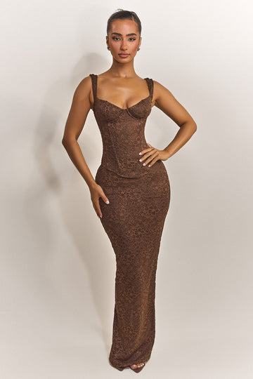 The Cinched Lace Maxi Skirt in Brown
