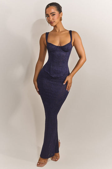 The Cinched Lace Maxi Skirt in Navy