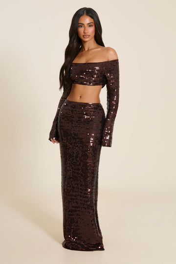 The Nia Sequin Maxi Skirt Set in Brown