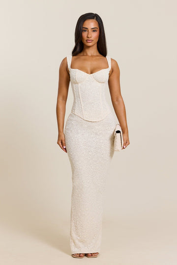The Cinched Lace Maxi Set in Off White
