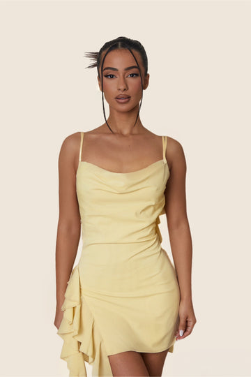 The Cowl Neck Ruffle Mini Dress in Yellow